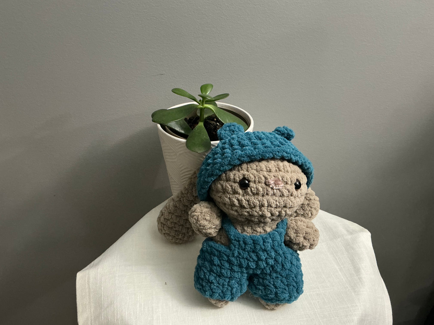 Crochet Bunny with beanie and overalls