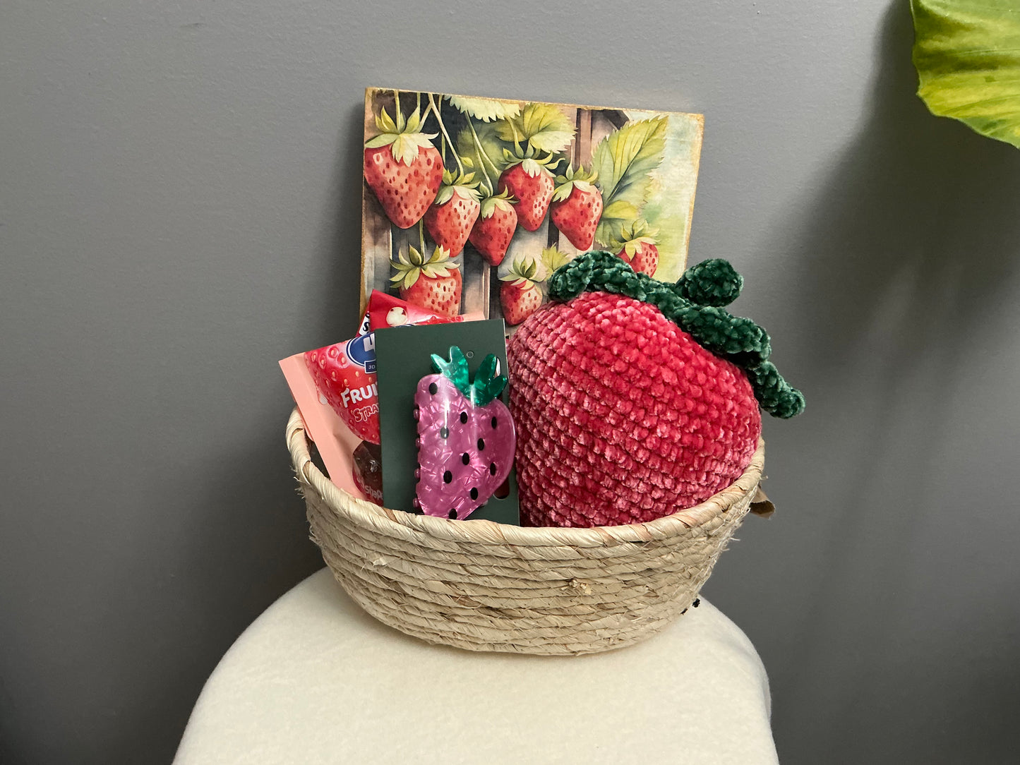 Crochet strawberry plush gift basket